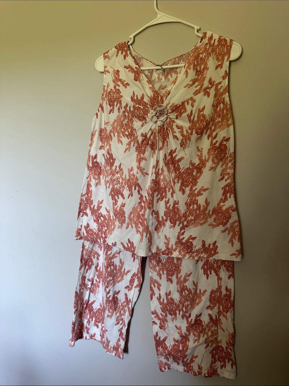 Garnet Hill Cream Pajama Set with Rust Floral Print
